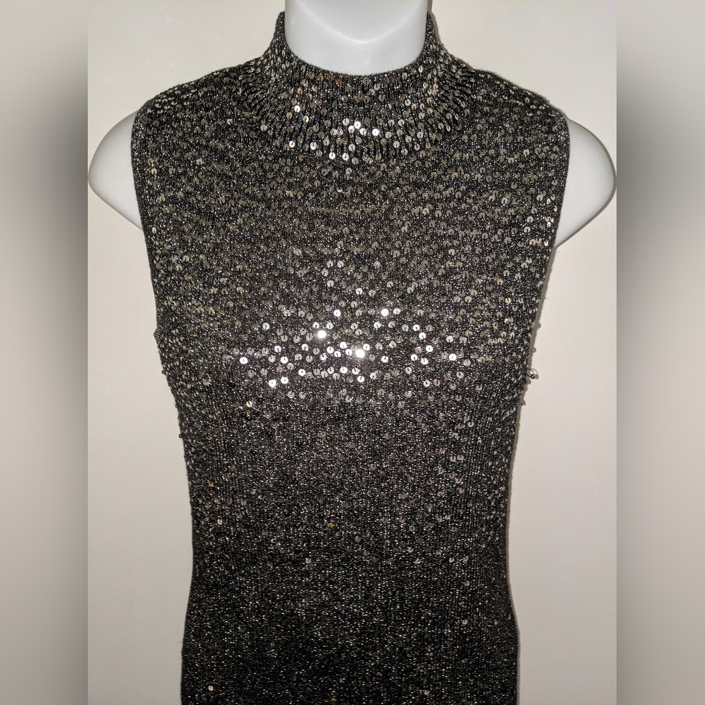 TanJay Mock Neck Sequin Sparkle Grey Sleeveless Rib Knit Vest Top